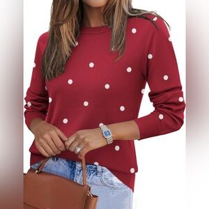 Red polka dot Long Sleeve Crew Neck Pullover Sweater- ladies size small